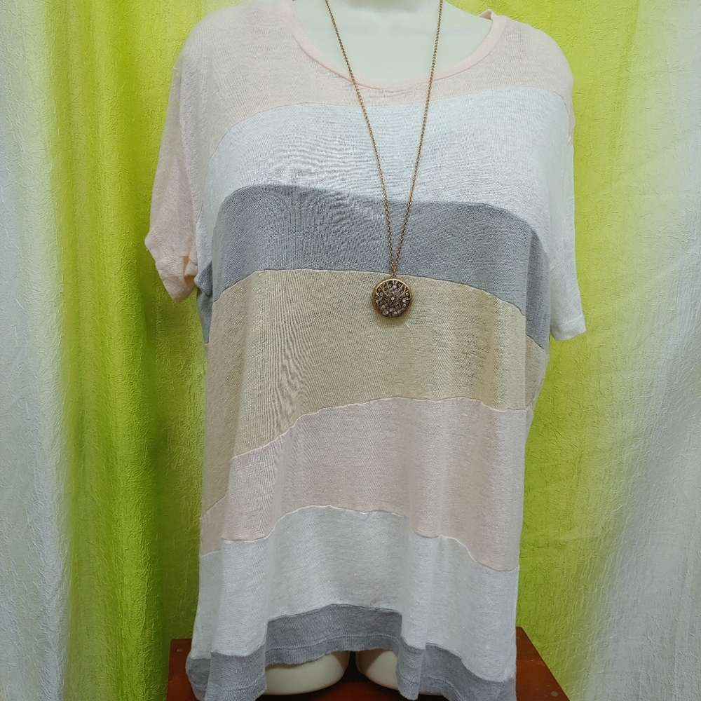 Iro | Linen Neutral Patchwork Tshirt Scoopneck L - image 3